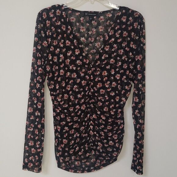 INC International Concepts Top Womens sz Large Sheer Ruched Floral Long Sleeve - Picture 1 of 6